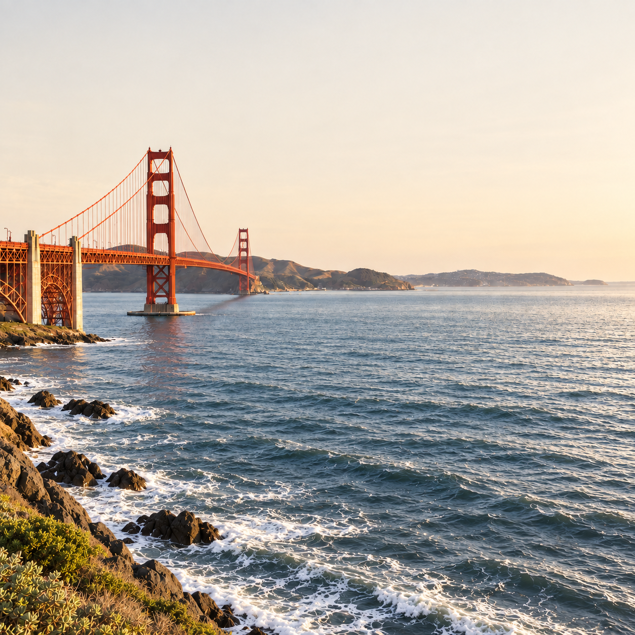 Golden Gate Bridge across San Francisco Bay in warm daylight